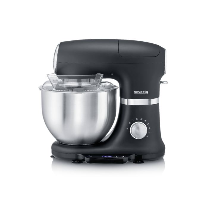 Keverő tállal és beépített mérleggel Severin, űrtartalom 5,5 liter, max. 3,5 kg tészta, ideális tésztákhoz és krémekhez, habverővel, spatulával és kampóval, 8 sebesség, időzítő, LED kijelző, fröccsenés elleni védelem, rozsdamentes acél tál, matt fekete