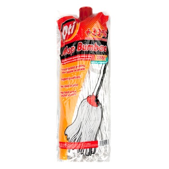 Rezerva mop bumbac OTI cu montura rosie si fibre albe, 200 g Rezerva mop bumbac OTI cu montura rosie si fibre albe, 200 g