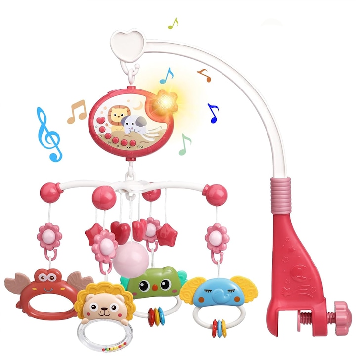 Музикална въртележка за Teno® Cot, Baby, дистанционно управление, проектор, музика и светлини, подвижни играчки, червена