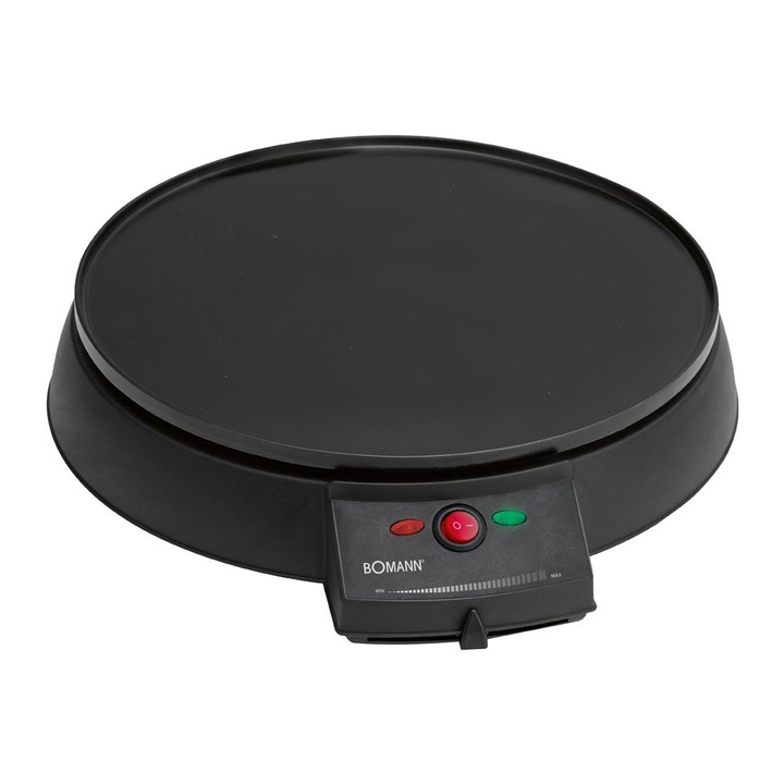 Aparat de clatite Bomann, 900 W, suprafata de gatit 29 cm, termostat ajustabil, indicator luminos, include spatula din lemn pentru intinderea aluatului, usor de curatat, negru