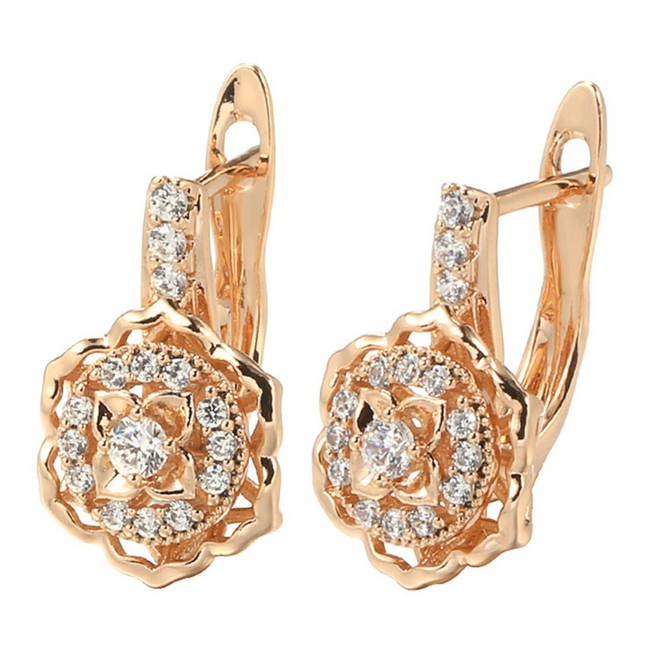 Cercei eleganti, model cu trandafiri si zirconii cubice Auriu