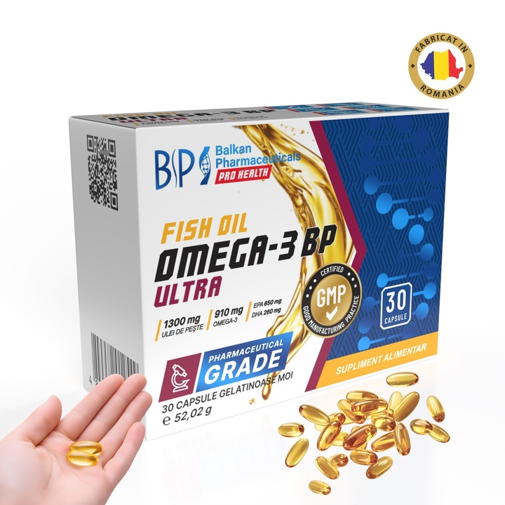 Supliment alimentar Omega-3 BP Ultra, 30 capsule, ulei de peste concentrat, Balkan Pharmaceuticals®, 1300 mg acizi grasi omega-3, EPA & DHA, pentru sanatatea inimii, creierului si articulatiilor, certificare GMP