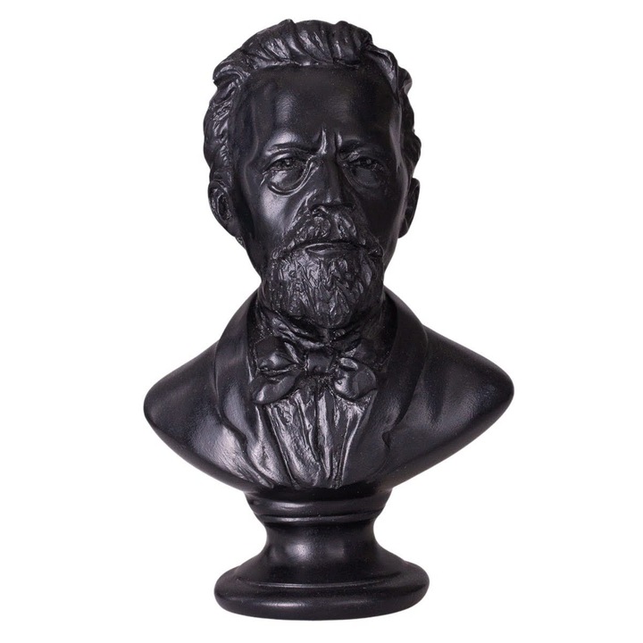 Mellszobor, szobor, orosz író Anton Chekhov, kő, 12,5 cm, fekete