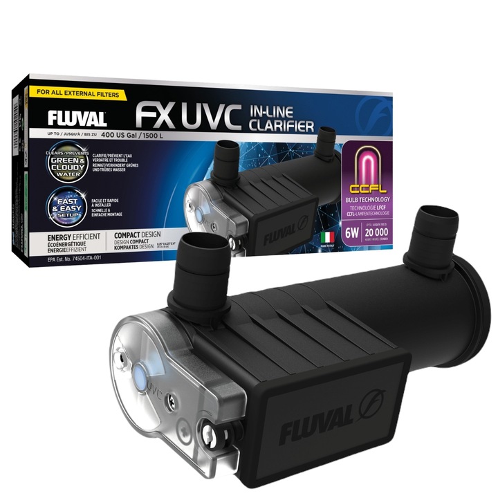 Lampa UV-C pentru acvariu, Fluval, FX UVC In-Line Clarifier, 1500 l, 11 x 21 x 10 cm, Negru