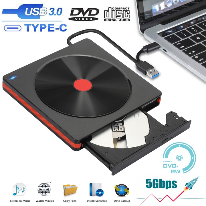 MOSMAOO® ултратънко външно DVD записващо устройство, DVD/CD/VCD +/-RW, M-DISC поддръжка, съвместим с USB тип C и тип A за Windows и Mac OS, лаптоп настолен компютър Windows 11/10/8/7 Linux Mac OS, черно/розово