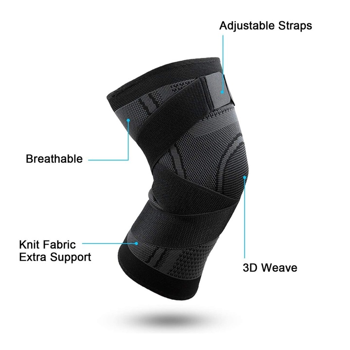 Genunchiera elastica, compresiva Inonova®, protectie accidentari, fixeaza genunchiul, rotula in timpul activitatilor fizice si sportive, negru/gri, XL, unisex