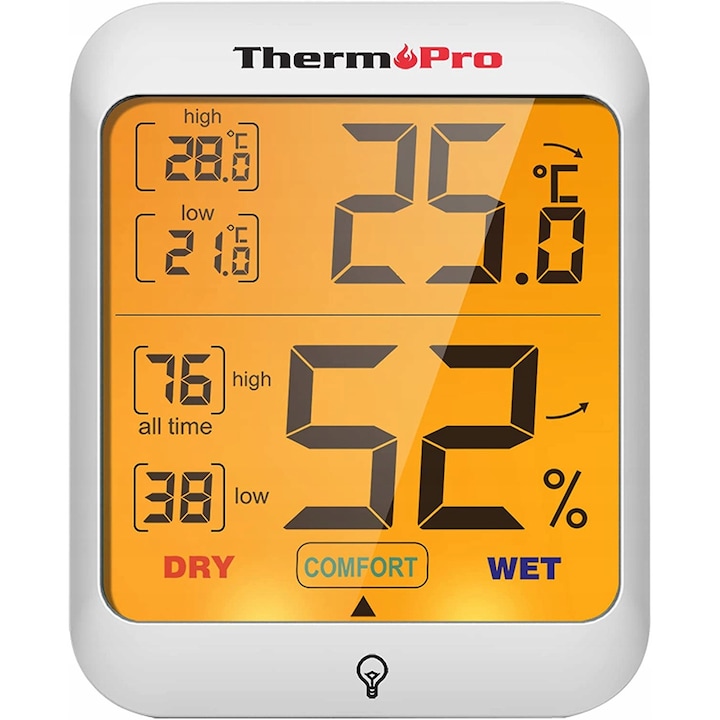 Термохигрометър, ThermoPro, TP-53 жълта подсветка, домашен комфорт, високa точност, обхват -50°C до 70°C