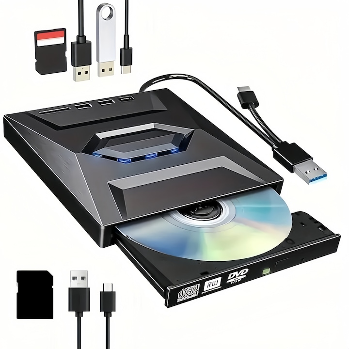 Външно DVD записващо устройство, MOSMAOO®, USB-C/USB 3.0, Plug and Play, Тънък дизайн и дизайн против приплъзване, Високоскоростен трансфер на данни, Пластмаса, Черен