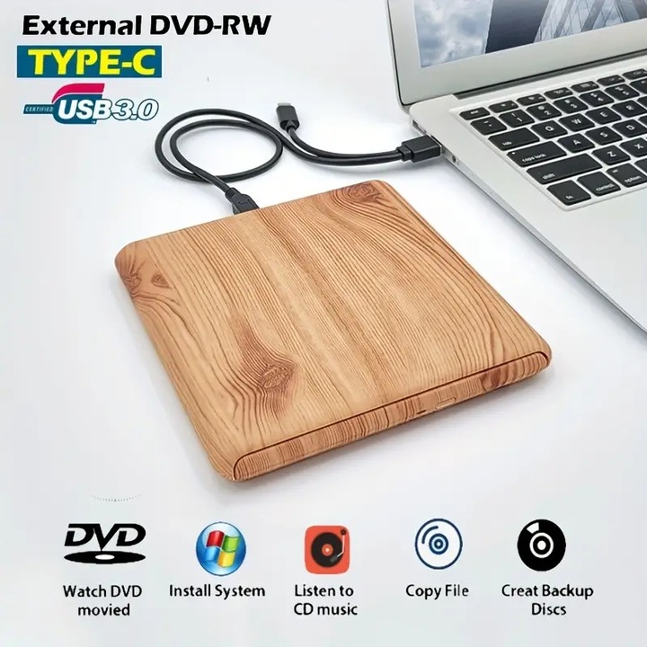 MOSMAOO® ултратънко външно DVD записващо устройство, поддържа M-DISC, съвместимо с USB тип C и тип A за Windows и Mac OS, лаптоп настолен компютър Windows 11/10/8/7 Linux Mac OS, бял