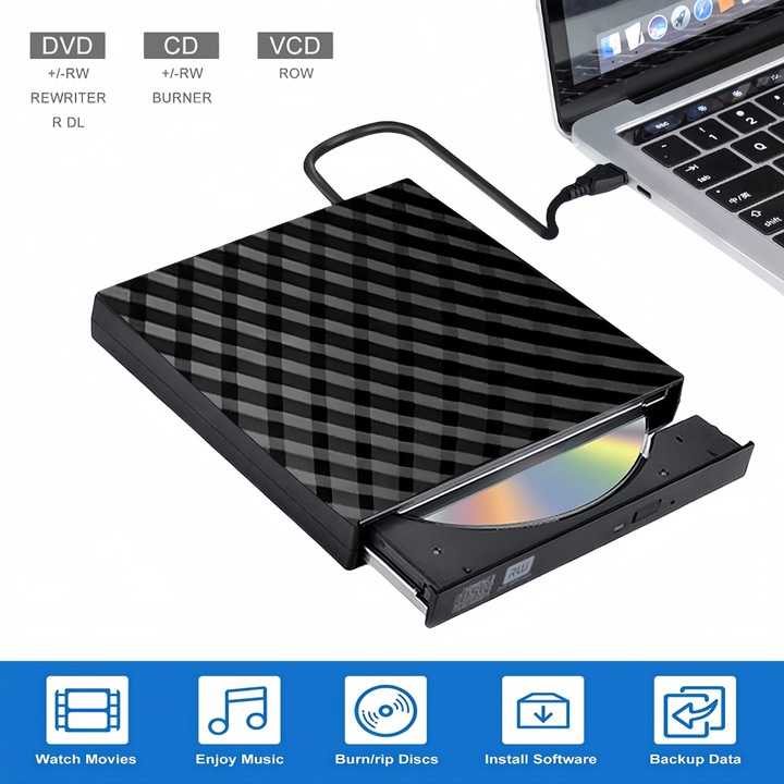 MOSMAOO® ултратънко външно DVD записващо устройство, DVD/CD/VCD +/-RW, M-DISC поддръжка, съвместим с USB тип C и тип A за Windows и Mac OS, лаптоп настолен компютър Windows 11/10/8/7 Linux Mac OS, черен