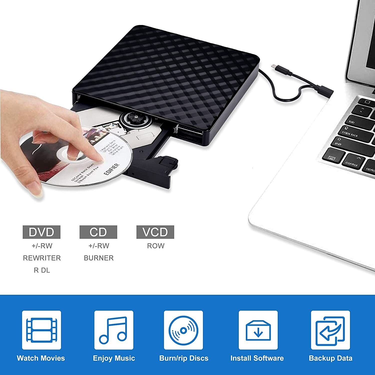 MOSMAOO® ultravékony külső DVD-író, DVD/CD/VCD +/-RW, M-DISC támogatás ...