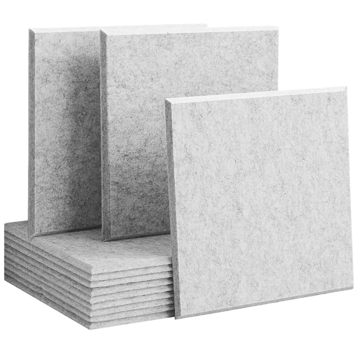 Set 12 panouri acustice decorative, Poliester, Ignifug, Non-toxic, 30 x 30 x 1 cm, Gri