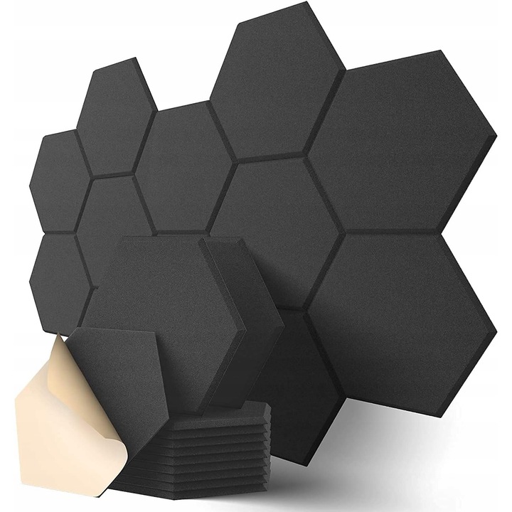 Set 12 panouri acustice autoadezive hexagonale, Poliester, grosime 0.9cm, Negru