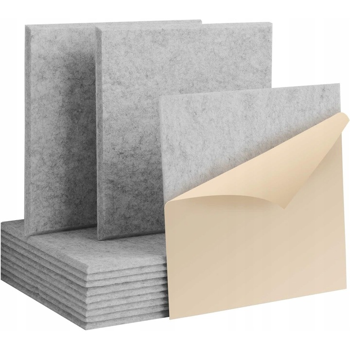 Set 12 panouri acustice autoadezive, Poliester, 30x30x1 cm, Gri