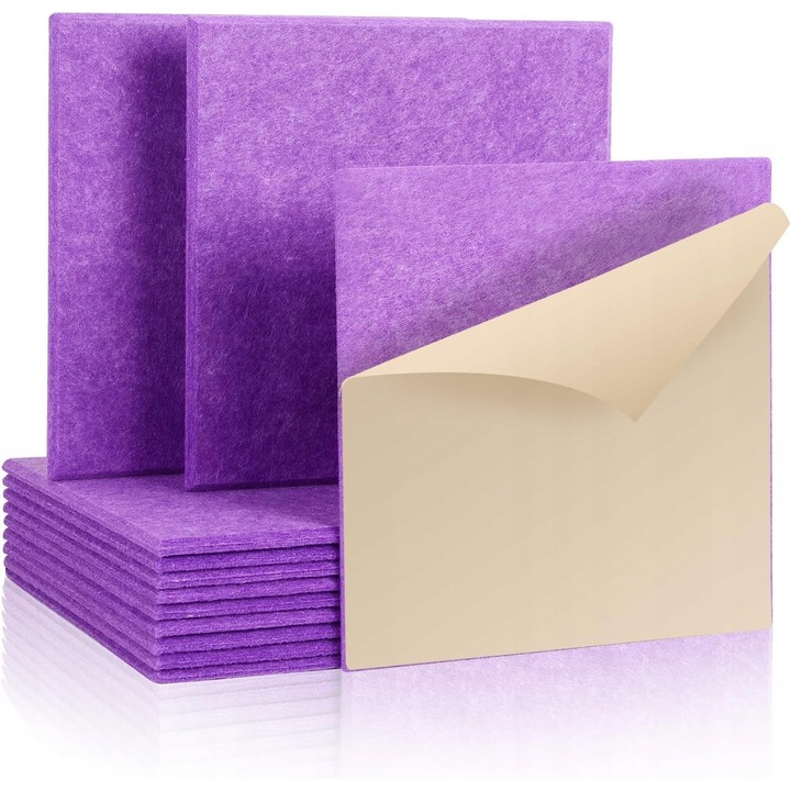 Set 12 panouri acustice autoadezive, Poliester,30x30x1cm, Violet