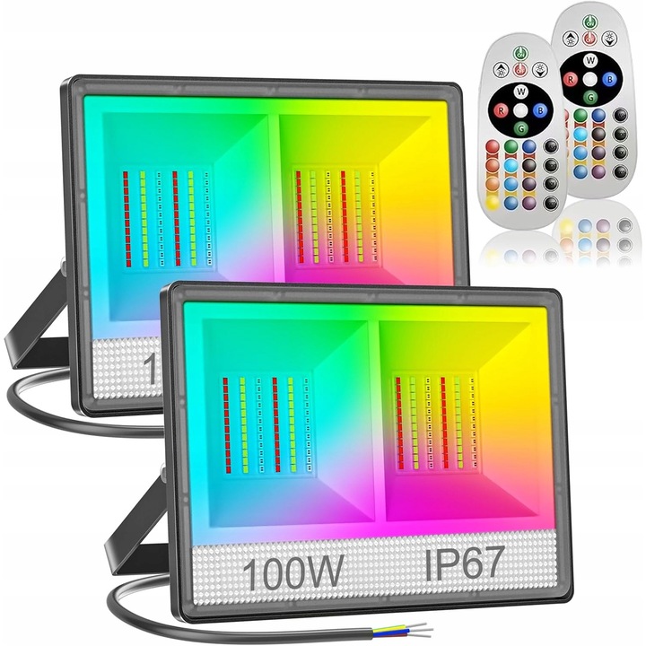 Set 2 Proiectoare LED RGB, 100W, multicolor, rezistent la apa, IP67, 10000lm, control la distanta