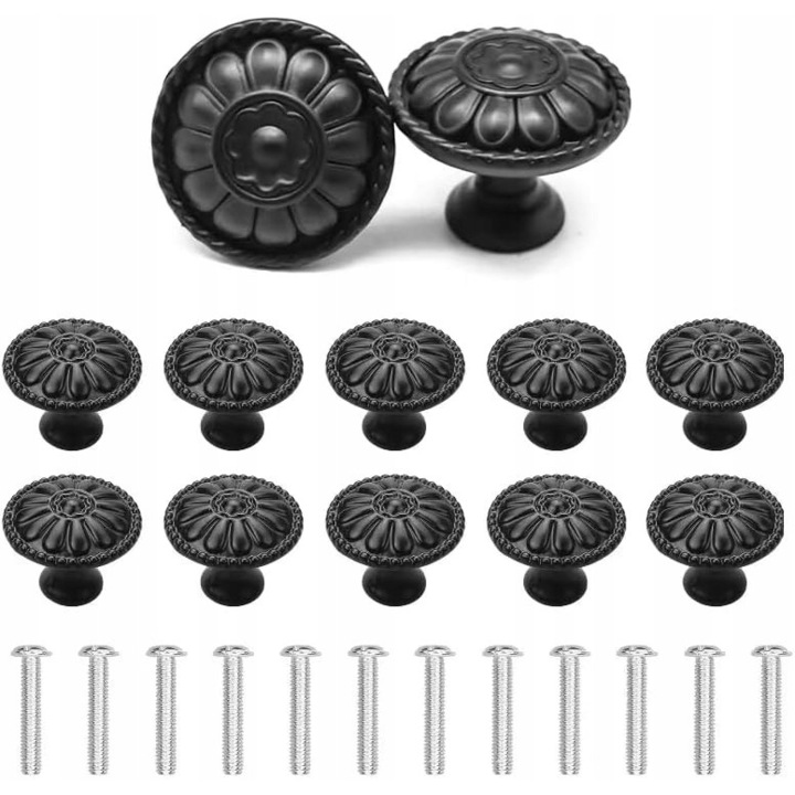 Set 12 manere mobila, Otel, design floral, 30x25mm, Negru