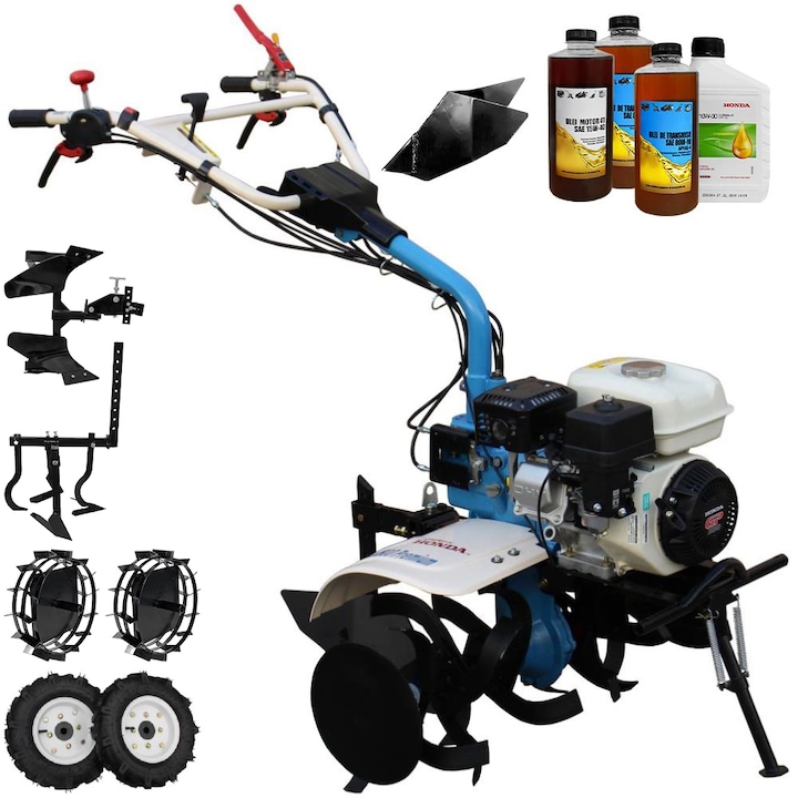 Motocultor AGT 7500 PREMIUM, motor Honda GP200, 6.5 CP, latime lucru 80 cm, 2+1 viteze, freze, rarita fixa, roti cauciuc 4.00-8, roti metal, cultivator, plug reversibil, 3.6l ulei