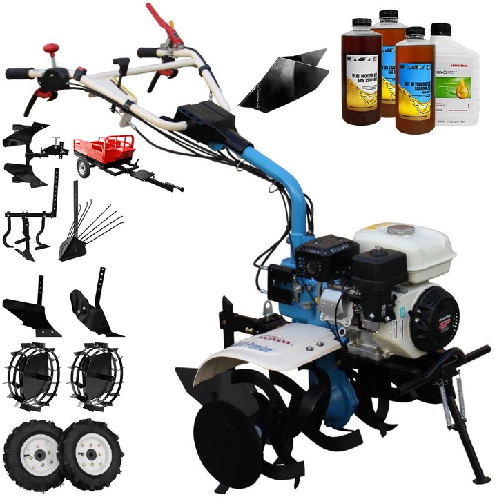 Motocultor AGT 7500 PREMIUM, motor Honda GP200, 6.5 CP, latime lucru 80 cm, 2+1 viteze, freze, rarita fixa, roti cauciuc 4.00-8, roti metal, plug arat, rarita reglabila, plug cartofi, cultivator, plug reversibil, remorca, 3.6l ulei