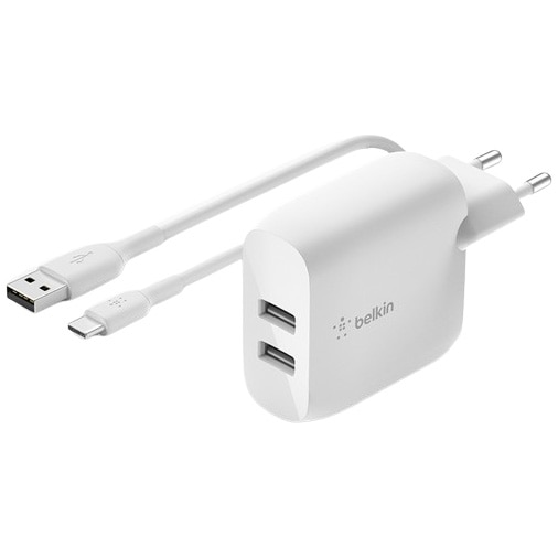 Incarcator de retea dual Belkin BOOST CHARGE 24w, USB-A cu cablu 1m A-C, Alb