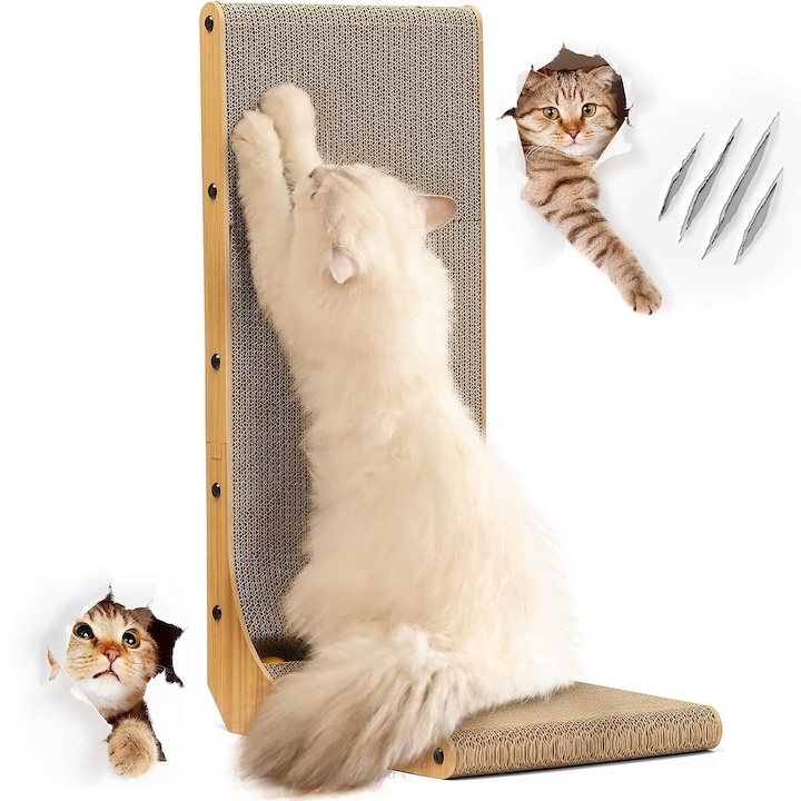 Ansamblu de joaca pentru pisici orizontal si vertical tip carton de zgariat cu jucarie interactiva incorporata, model in forma de L, fabricat din materiale durabile si non-toxice, Maro, Fish & Paws ®