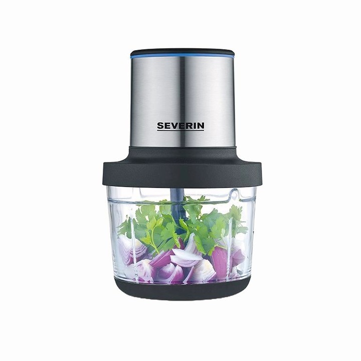 Акумулаторен електрически чопър Severin, 200 W, 2 нива на мощност, 1 л капацитет на стъклената купа, включва аксесоар за белене на чесън, подходящ за настъргване/нарязване/емулгиране/кълцане, без BPA, черен