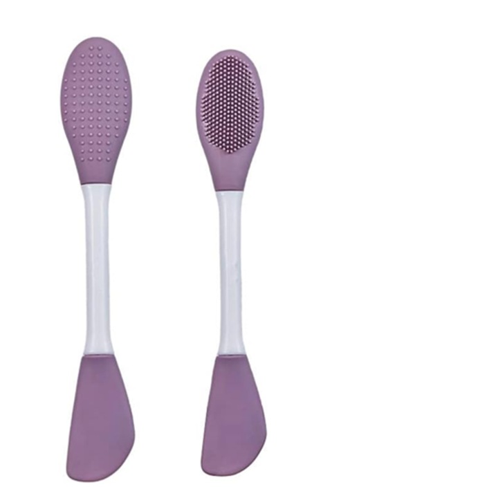 Perie si spatula 2 in 1 din silicon mov cu doua capete pentru curatarea profunda a pielii intinderea cremei, mastii