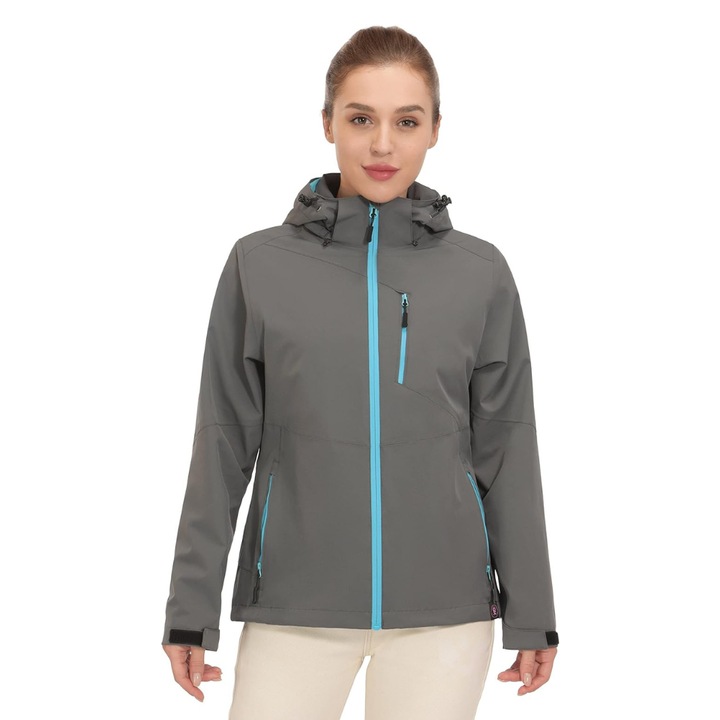 Geaca de ploaie Little Donkey Andy impermeabila pentru femei, cu protecte impotriva vantului, material elastic, cu gluga detasabila, Gri/ Albastru, Gri