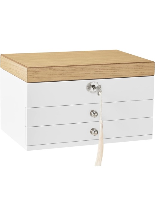 Cutie pentru bijuterii cu oglinda, Lemn/Catifea 14.5 x 17 x 24.5 cm, Alb/Maro