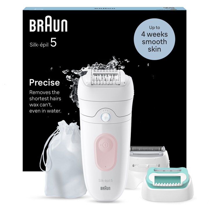 Епилатор Braun Silk-epil 5 5-050 Wet & Dry, MicroGrip, Smart Light, 28 пинсети, 2 скорости, Бръснеща глава + Гребен, Глава за начинаещи, Чанта за пътуване, Розов