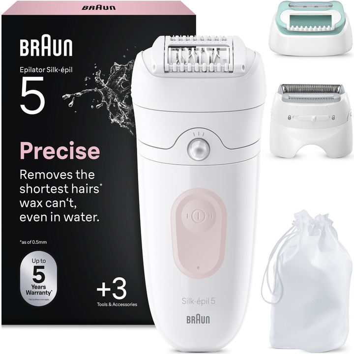 Braun Silk-épil 5 5-050 Wet & Dry epilátor, MicroGrip, Smart Light, 28 csipesz, 2 sebesség, Borotvafej + Fésű, Fej kezdőknek, Utazótáska, Rózsaszín