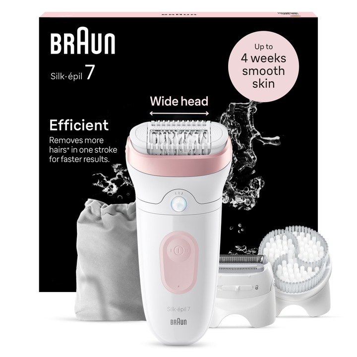 Епилатор Braun Silk-epil 7 7-060 SkinSpa Wet & Dry, MicroGrip, Smart Light, 40 пинсети, 2 скорости, Бръснеща глава + Гребен, 1 ексфолираща глава, 1 капачка, Чанта за пътуване, Бял/Розов