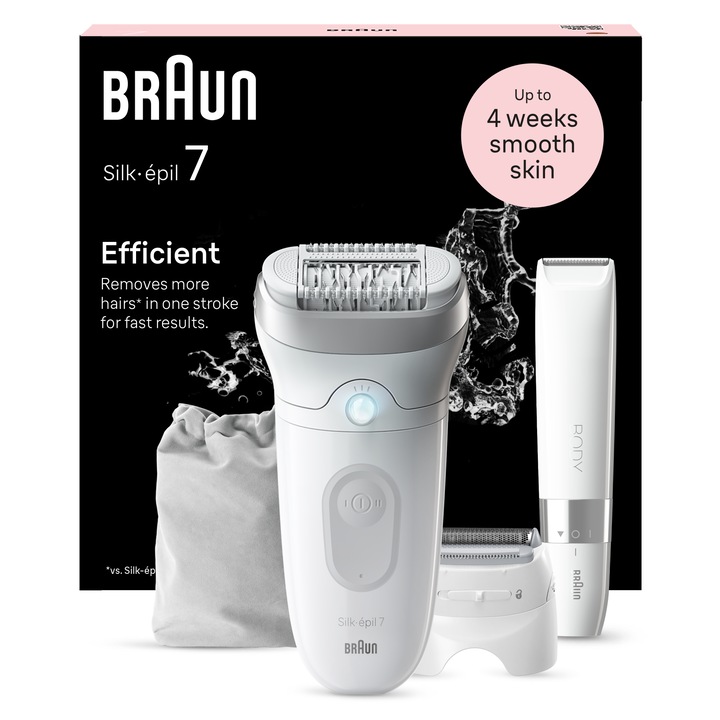 Епилатор Braun Silk-epil 7 7-441 SkinSpa Wet & Dry, MicroGrip, Smart Light, 40 пинсети, 2 скорости, Тример за тяло, Бръснеща глава + Гребен, 1 калъф, Чанта за пътуване, Бял/Сребрист