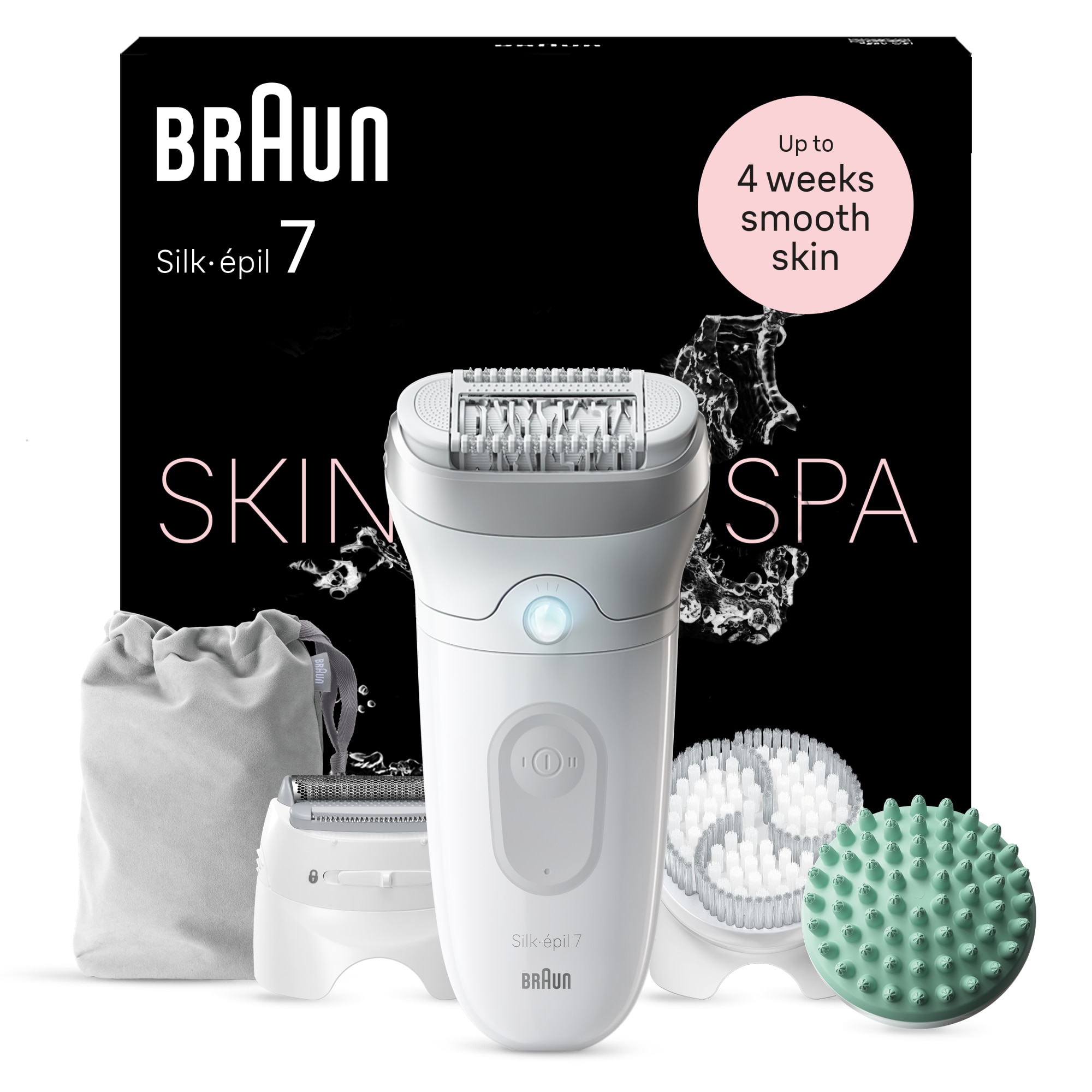 Epilator Braun Silk-épil 7 7-081 SkinSpa, Wet & Dry, MicroGrip, Smart Light, 40 de pensete, 2 viteze, Cap de ras + Pieptene, Cap pentru exfoliere, Cap pentru masaj, Saculet de voia
