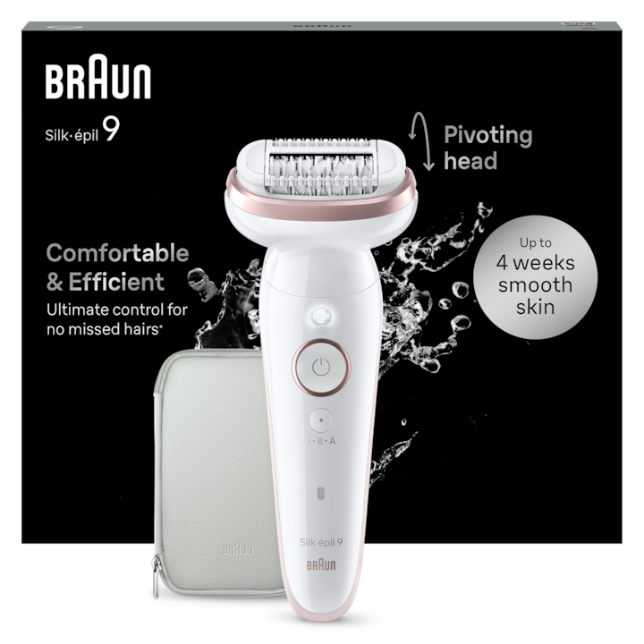 Епилатор Braun Silk-epil 9 9-000 Wet & Dry, MicroGrip, Smart Light, 2 скорости, 40 пинсети, Пътна чанта, Бял/Розов