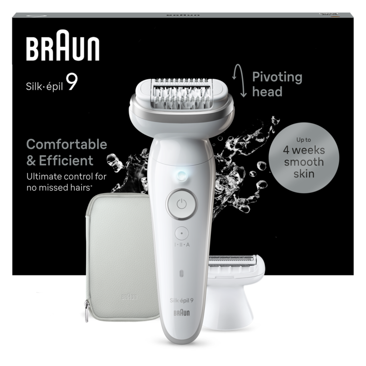 Епилатор Braun Silk-epil 9 9-041 Wet & Dry, MicroGrip, Smart Light, 2 скорости, 40 пинсети, Бръснеща глава + Гребен, 1 капачка, Чанта за пътуване, Бял/Сребрист