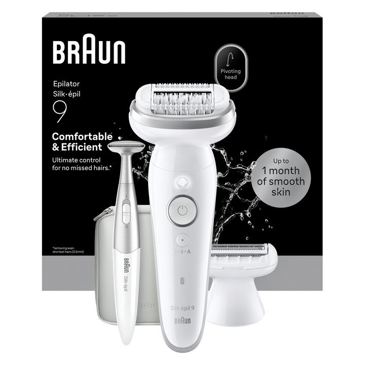 Епилатор Braun Silk-epil 9 9-241 Wet & Dry, MicroGrip, Smart Light, 2 скорости, 40 пинсети, Тример за бикини + Аксесоари, Бръснеща глава + Гребен, 1 приставка при контакт с кожата, Пътна чанта, Бял/Сив
