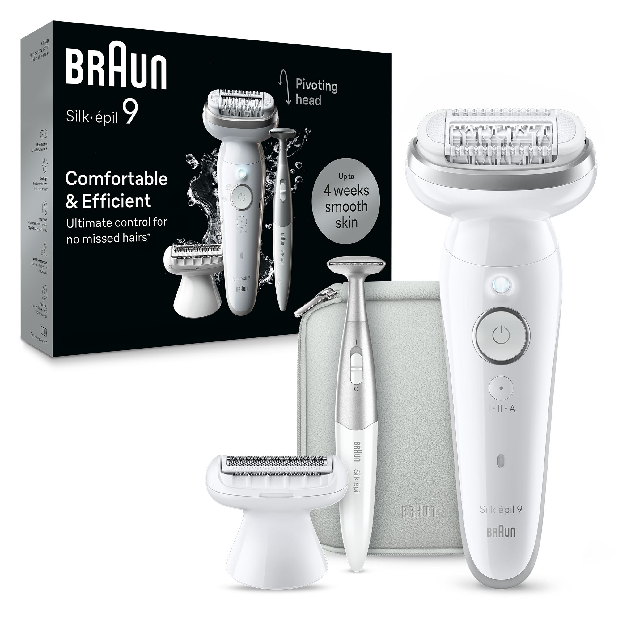 Epilator Braun Silk-épil 9 9-241 Wet & Dry, MicroGrip, Smart Light, 2 viteze, 40 pensete, Trimmer bikini + accesorii, Cap de ras + Pieptene, 1 capac pentru contactul cu pielea, Gea