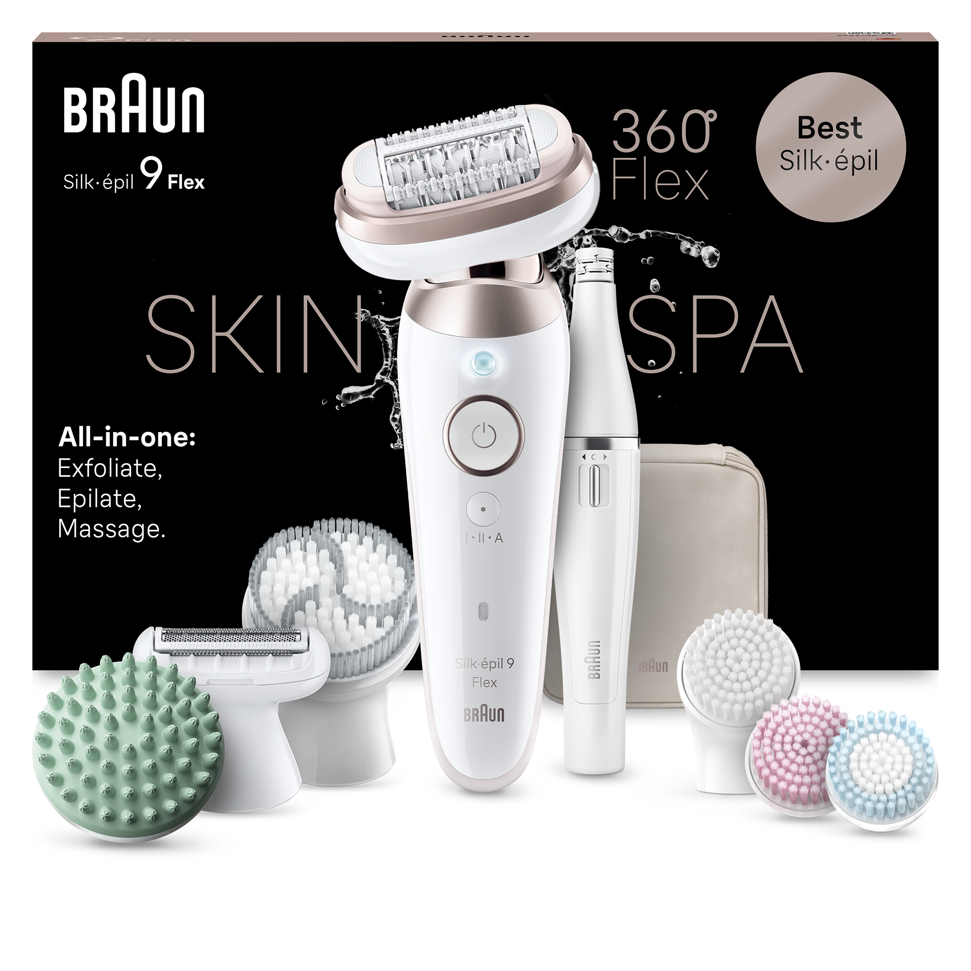 Epilator Braun Silk-épil 9 9-580 Flex 360° SkinSpa, Wet & Dry, Smart Touch, 40 de pensete, 2 viteze, FaceSpa + 4 accesorii, Cap de ras + Pieptene, Cap de masaj, Cap pentru exfolier