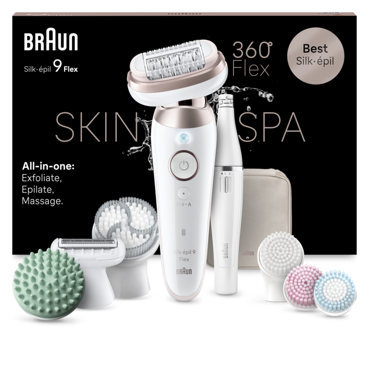 Braun Silk-épil 9 9-580 Flex 360° SkinSpa epilátor, nedves és száraz, Smart Touch, 40 csipesz, 2 sebességfokozat, FaceSpa + 4 tartozék, borotvafej + fésű, masszázsfej, hámlasztófej, utazótáska, White
