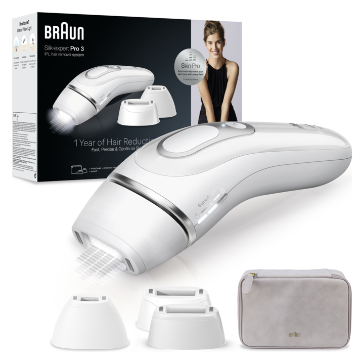 Braun Silk-expert PRO 3 IPL epilátor PL3230 Skin pro automatikus és folyamatos érzékelő, 300.000 impulzus, 3 intenzitási szint, 100 impulzus percenként, utazótáska, fehér/ezüst színben