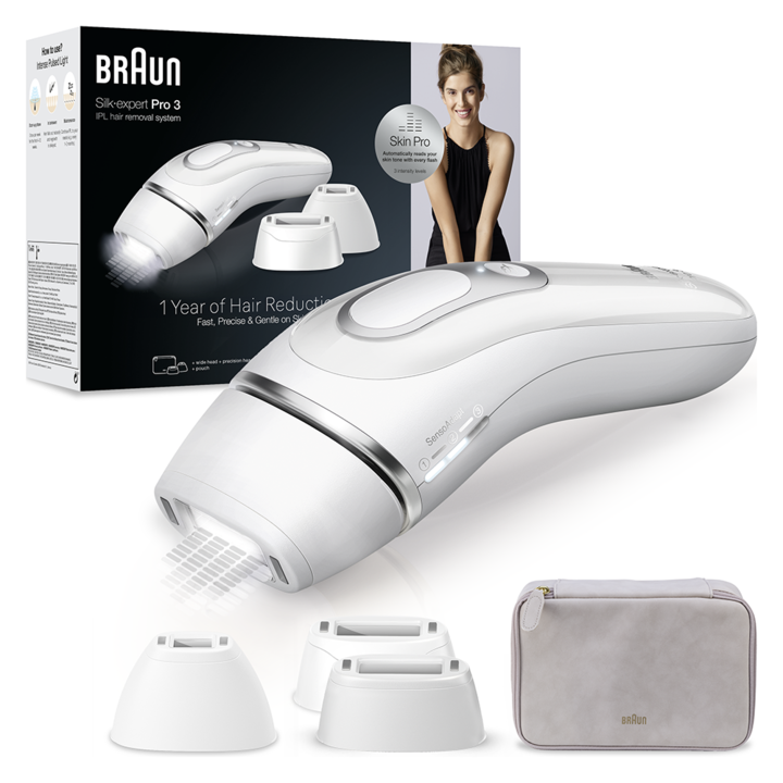 Фотоепилатор IPL Braun Silk-expert PRO 3 PL3230 Автоматичен и непрекъснат сензор Skin pro, 300 000 импулса, 3 нива на интензитет, 100 импулса в минута, Комплект за пътуване, Бял/Сребрист