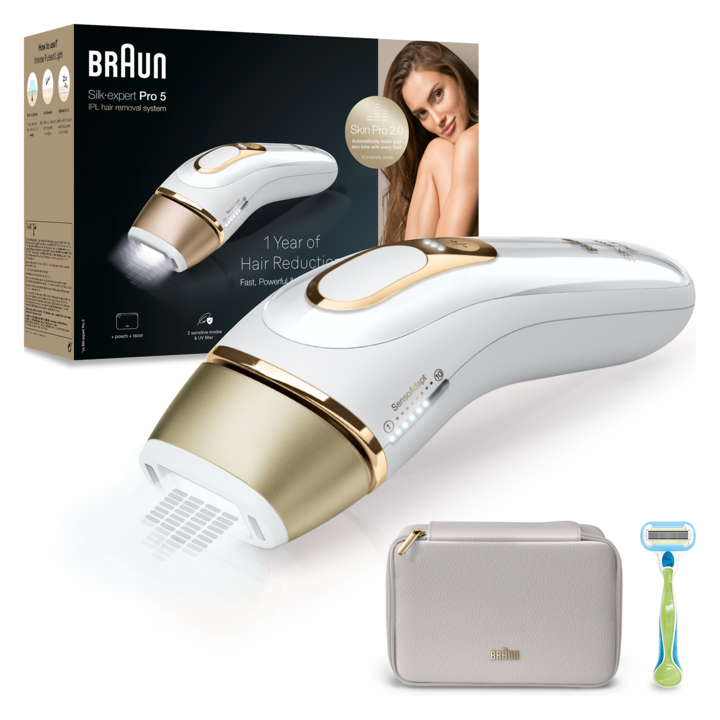 Epilator IPL Braun Silk-expert PRO 5 PL5052 Senzor automat & continuu Skin pro 2.0, 400.000 impulsuri, 10 niveluri de intensitate, 125 de impulsuri pe minut, Trusa de voiaj, Aparat de ras Venus, Alb/Auriu