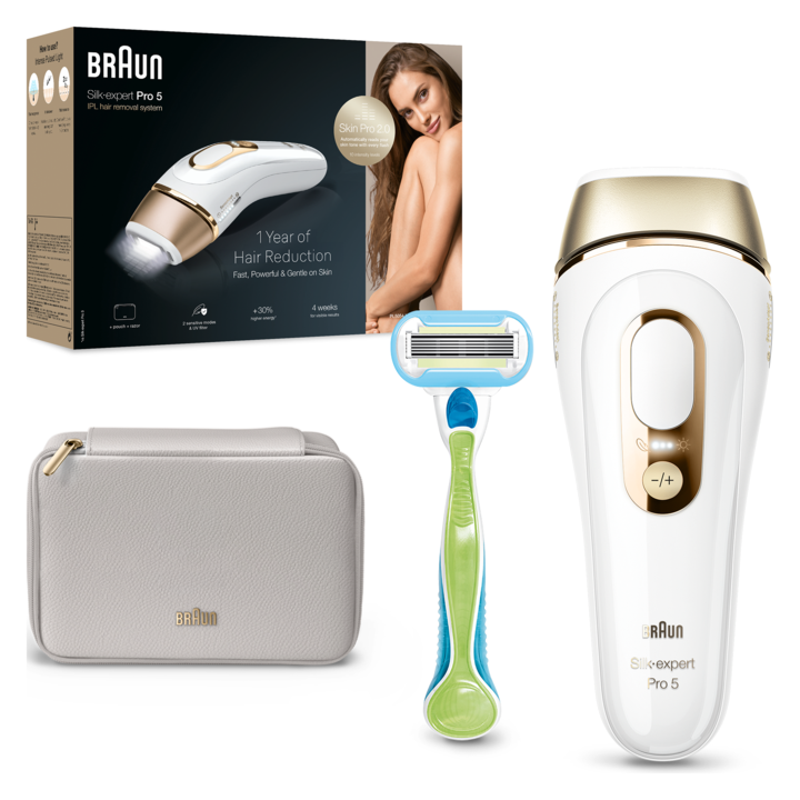 Фотоепилатор IPL Braun Silk-expert PRO 5 PL5052 Автоматичен и непрекъснат сензор Skin pro 2.0, 400 000 импулса, 10 нива на интензитет, 125 импулса в минута, Комплект за пътуване, Самобръсначка Venus, Бял/Златист