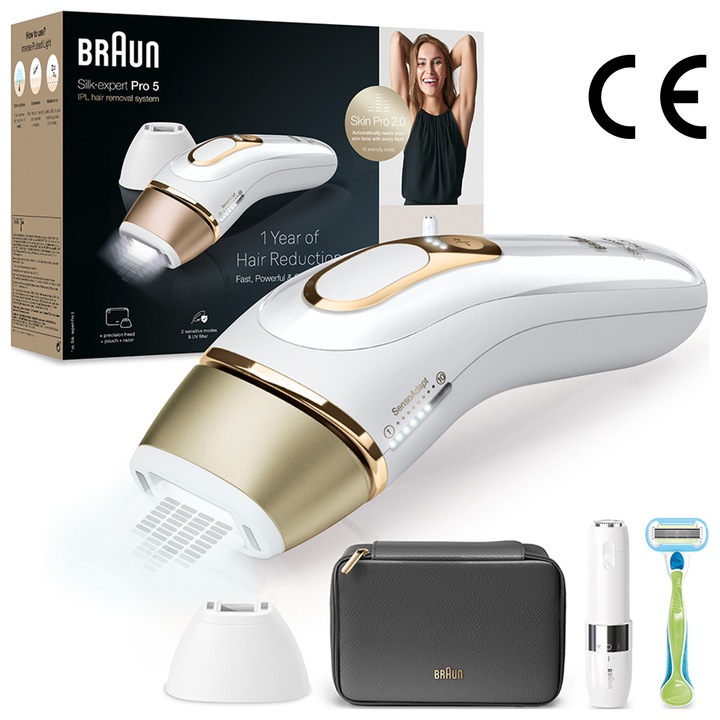 Фотоепилатор IPL Braun Silk-expert PRO 5 PL5146 Автоматичен и непрекъснат сензор Skin pro 2.0, 400 000 импулса, 10 нива на интензитет, 125 импулса в минута, Прецизна глава, Комплект за пътуване, Самобръсначка Venus, Бял
