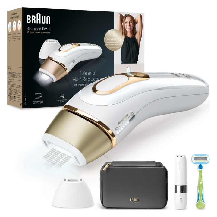 Braun Silk-expert PRO 5 IPL epilátor PL5146 Skin pro 2.0 automatikus és folyamatos érzékelő, 400.000 impulzus, 10 intenzitási szint, 125 impulzus percenként, precíziós fej, utazótáska, Venus borotva, Fehér színű
