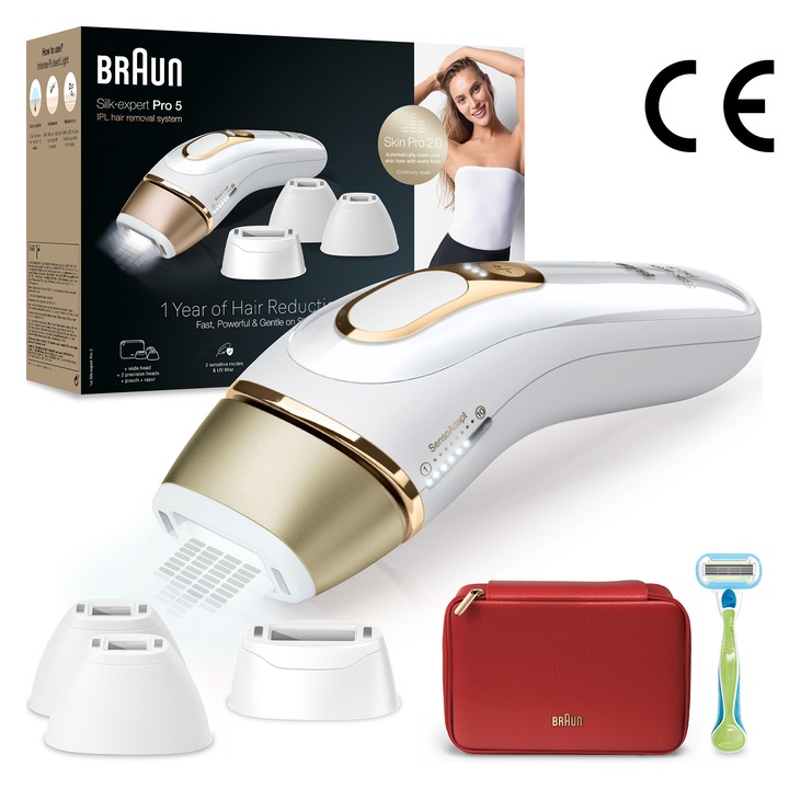 Фотоепилатор IPL Braun Silk-expert PRO 5 PL5382 Автоматичен и непрекъснат сензор Skin pro 2.0, 400 000 импулса, 10 нива на интензитет, 125 импулса в минута, 2 прецизни глави, 1 широка глава, Комплект за пътуване, Самобръсначка Venus, Златист