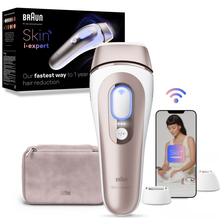 Epilator IPL Braun Skin iExpert PRO 7 PL7253 Tehnologie Skin iExpert, Feedback in timp real, 400.000 impulsuri, 10 niveluri de intensitate, 125 de impulsuri pe minut, Cap de precizie, Cap lat, Trusa de voiaj, Roz