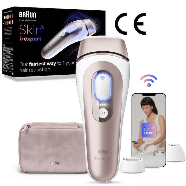 Epilator IPL Braun Skin iExpert PRO 7 PL7253 Tehnologie Skin iExpert, Feedback in timp real, 400.000 impulsuri, 10 niveluri de intensitate, 125 de impulsuri pe minut, Cap de precizie, Cap lat, Trusa de voiaj, Roz