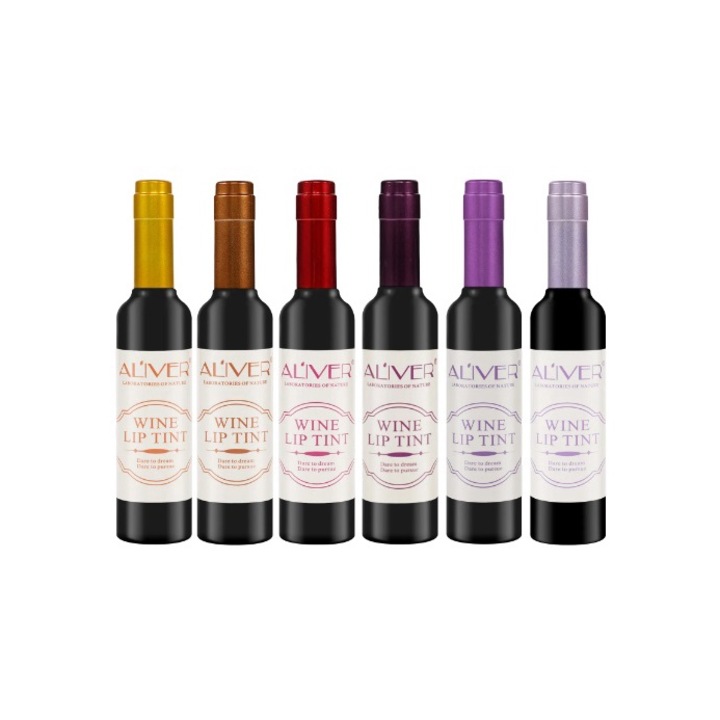 Set 6 rujuri Aliver de lunga durata, rezistente la apa, marime normala, culori mate, rosu, roz, maro, mov, portocaliu, rosu trandafir, din plante, sub forma lichida, hidratant, 6 x 7g